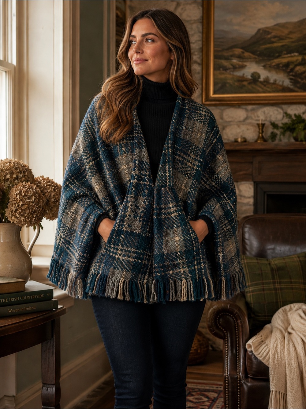 Boyne Valley Weavers Irish Wool Blend Plaid Fringe Cape Made in Ireland